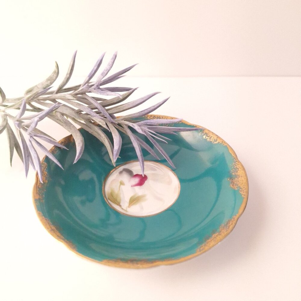 Vintage Royal Halsey Japan Turquoise Tea Saucer | Floral Fine Bone China